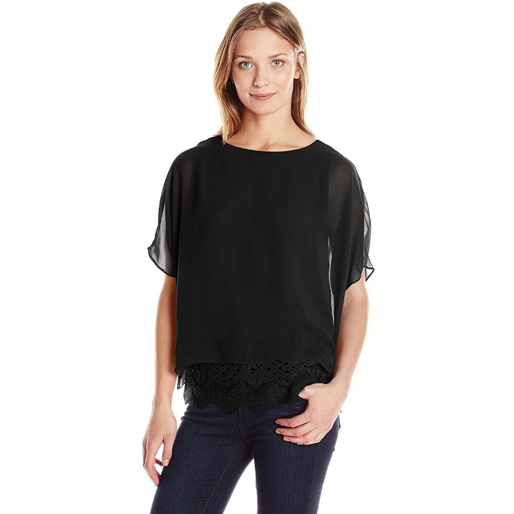 NWT CALVIN KLEIN Black Chiffon Dolman Top Lace XS NEW CK